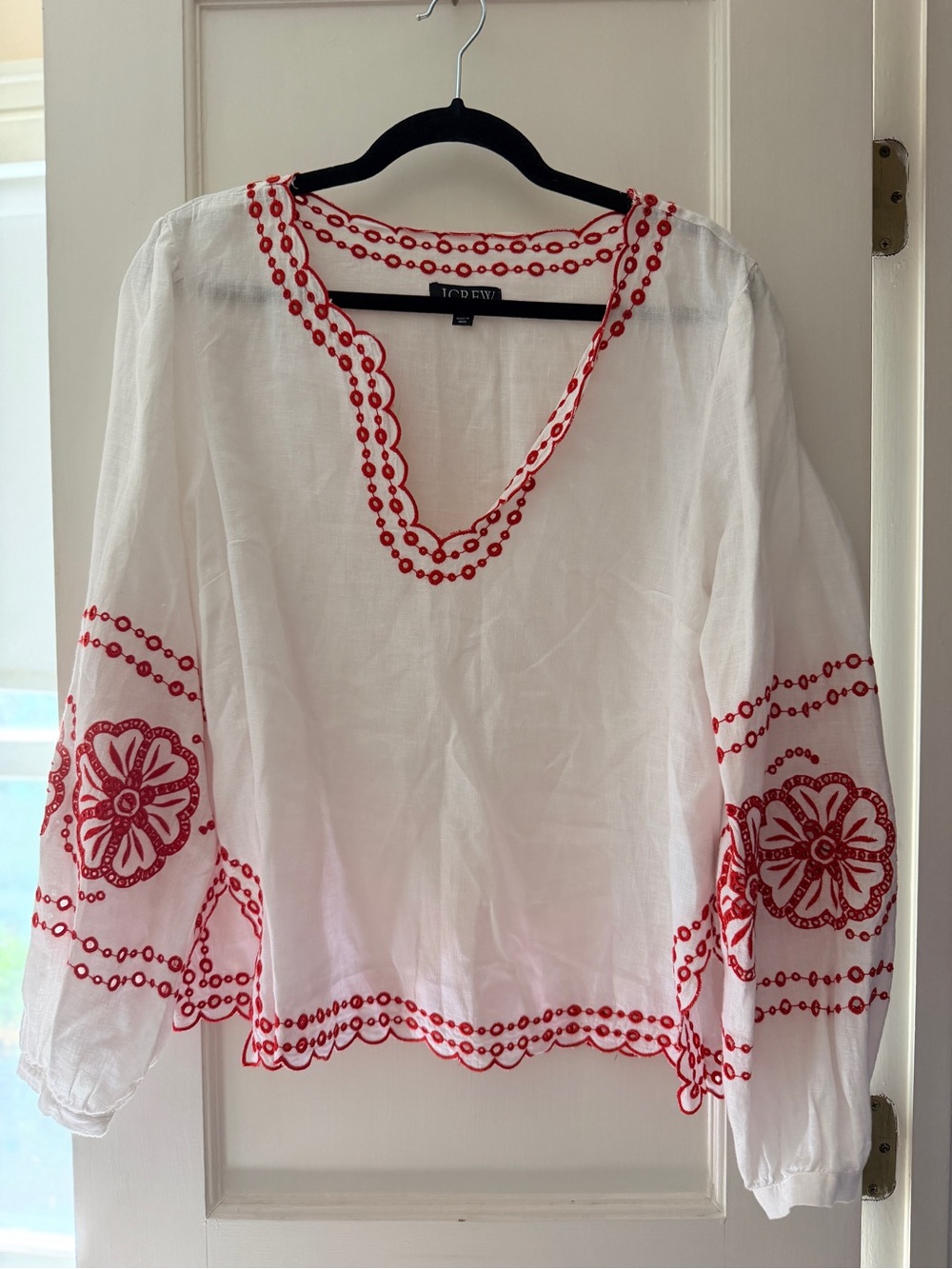 J. Crew White Tunic Top with Red Floral Embroidery